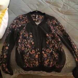 Free People Grey and Floral Zip Sweatshirt Small